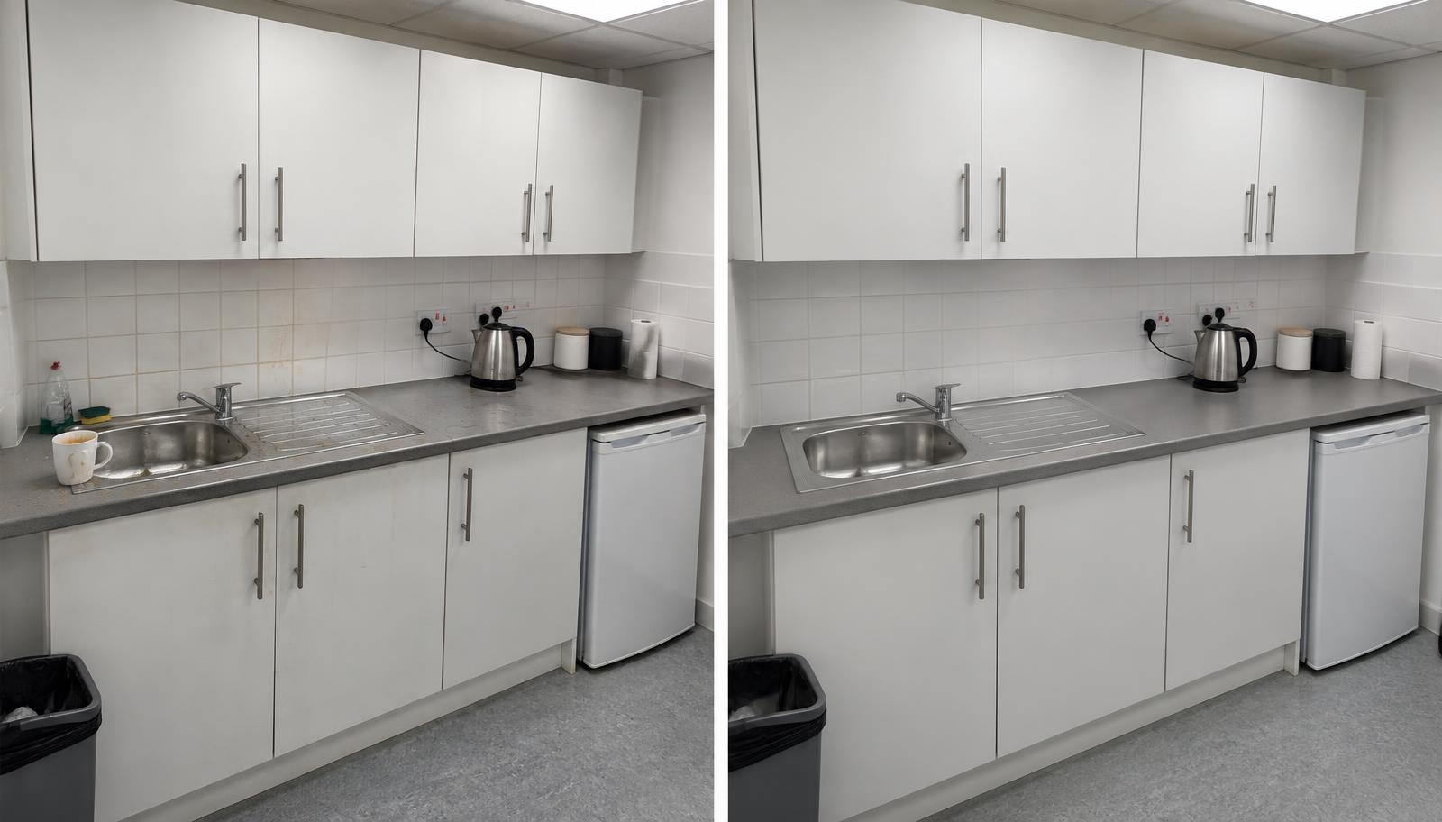 AI-generated demonstration of a kitchenette before and after cleaning